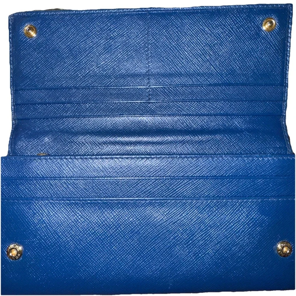 PRADA Saffiano‎ Long Wallet Bifold Blue Gold Hardware Leather Womens Authentic